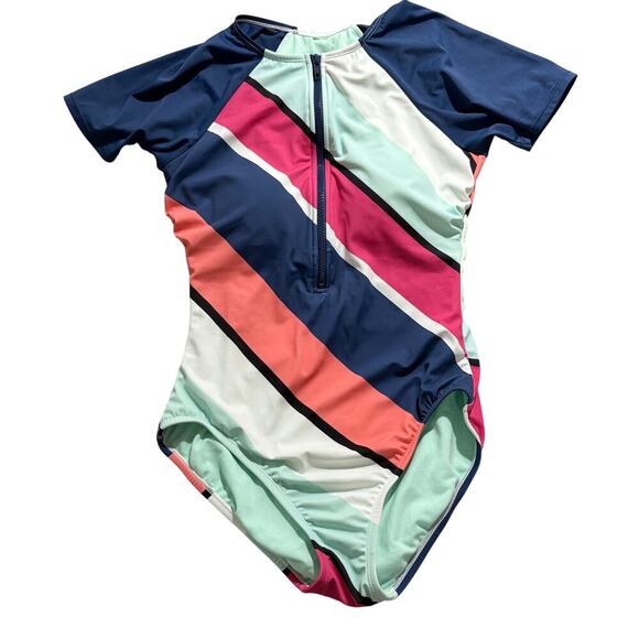 AVIA Size MEDIUM Bias Stripe  One Piece RASHGUARD Swimsuit Swimwear Modest - Picture 1 of 4